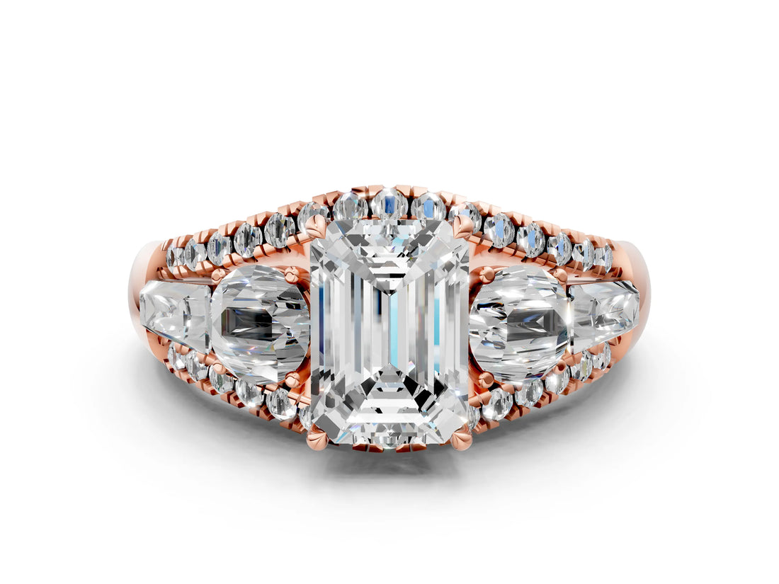 Rose gold Three-Stone Emerald Cut Diamond Engagement Ring with Pave Band and Prong Setting_18
