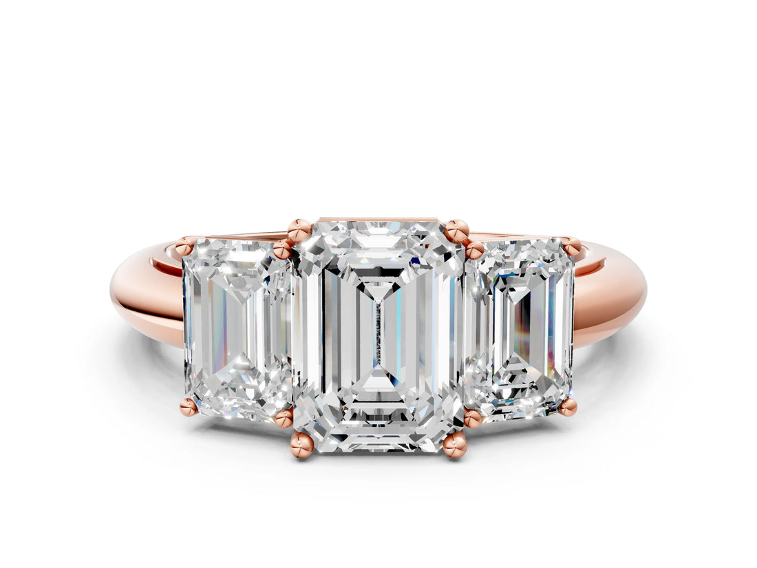 Rose gold Three-Stone Emerald Cut Diamond Engagement Ring with Prong Setting on a White Gold Band_50