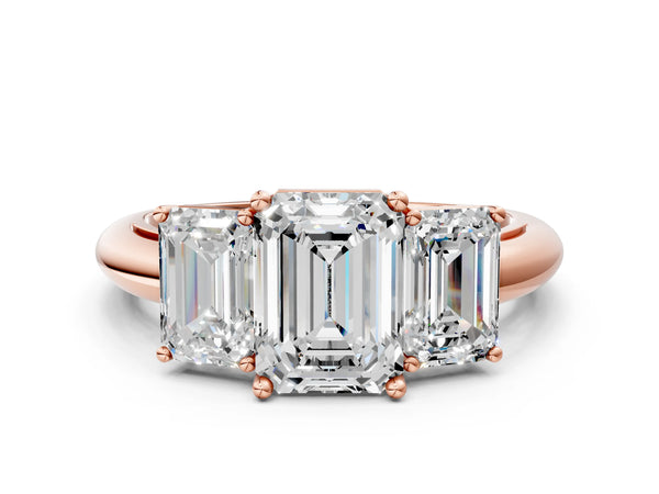 Rose gold Three-Stone Emerald Cut Diamond Engagement Ring with Prong Setting on a White Gold Band