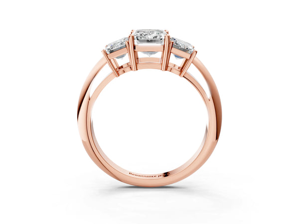 Rose gold Three-Stone Emerald Cut Diamond Engagement Ring with Prong Setting on a White Gold Band