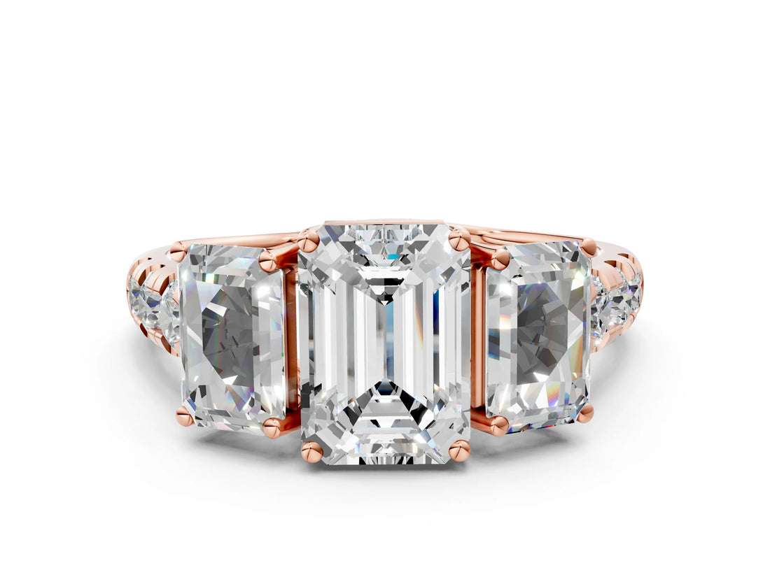 Rose gold Three-Stone Emerald Cut Diamond Pavé Band with Prong Setting_3