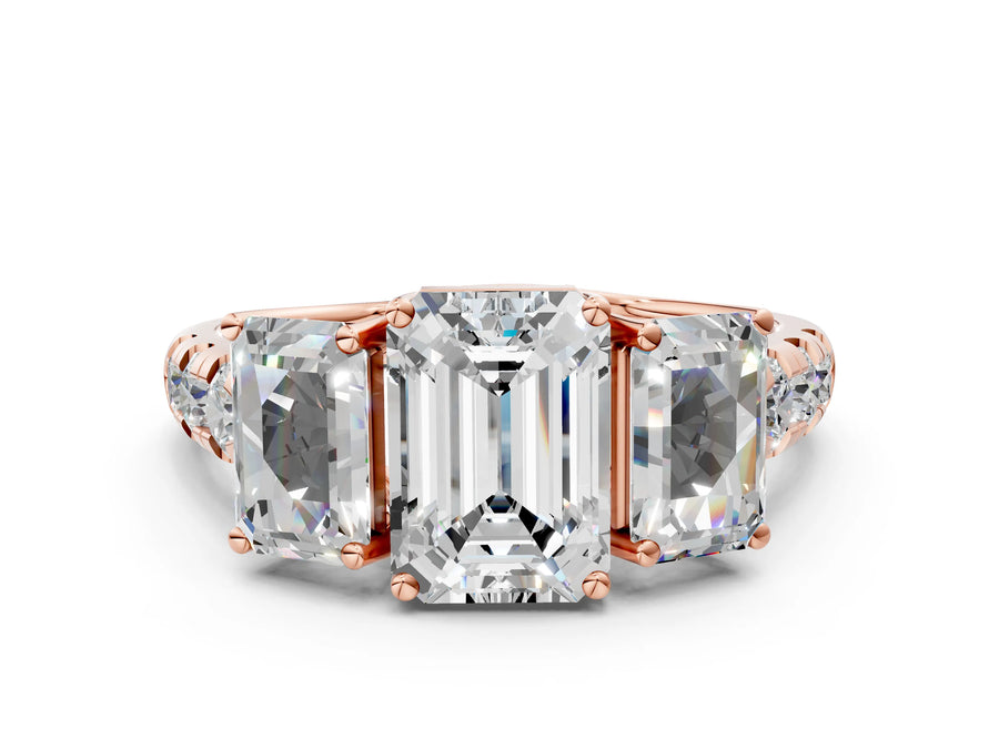Rose gold Three-Stone Emerald Cut Diamond Pavé Band with Prong Setting