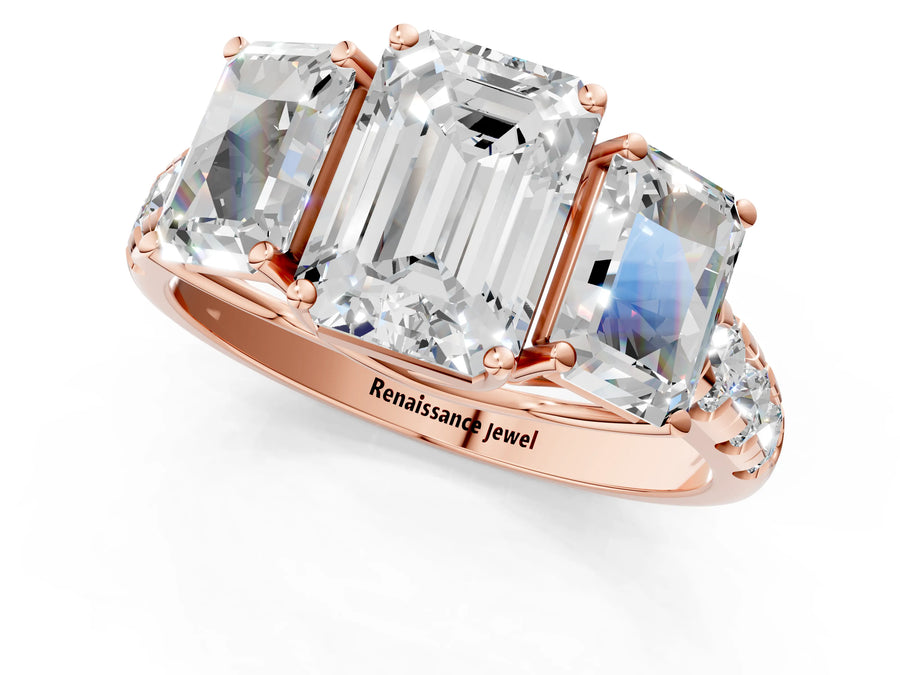 Rose gold Three-Stone Emerald Cut Diamond Pavé Band with Prong Setting