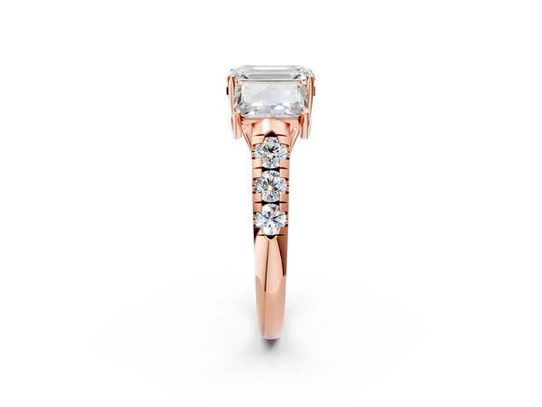 Rose gold Three-Stone Emerald Cut Diamond Pavé Band with Prong Setting