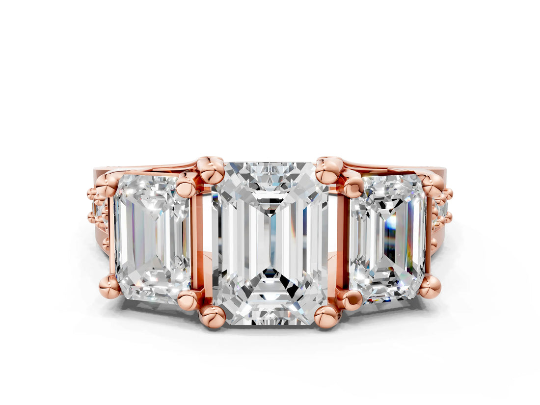 Rose gold Three-Stone Emerald Cut Diamond Ring with Channel-Set Band and Four-Prong Setting_52