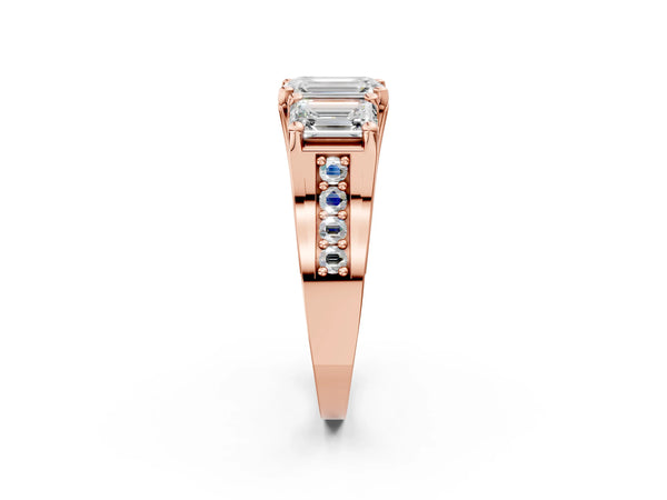 Rose Gold Emerald Cut Three Stone Pave Engagement Ring Setting with Near-Equal Side Stones