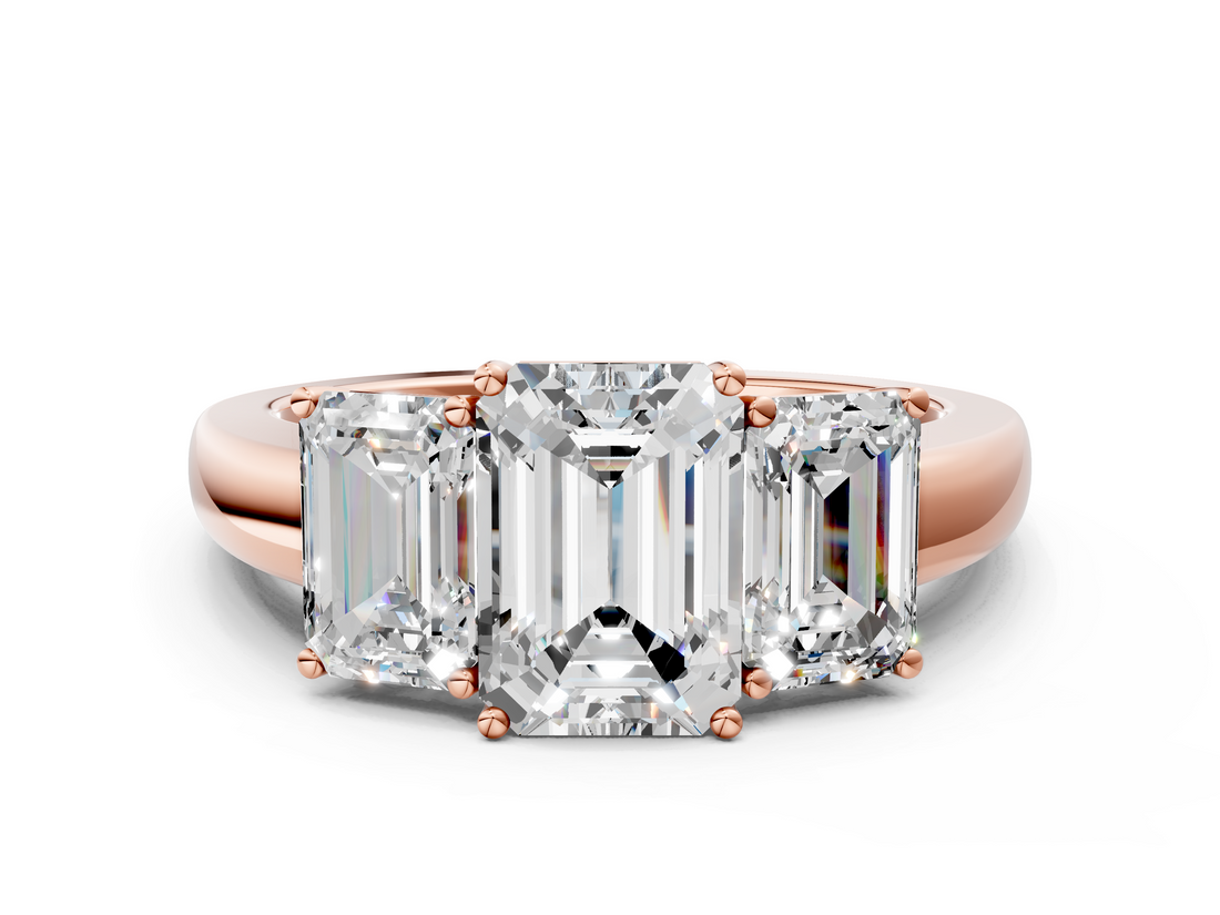 Rose gold Three-Stone Emerald Cut Diamond Ring with Channel-Set Band and Four-Prong Setting_61