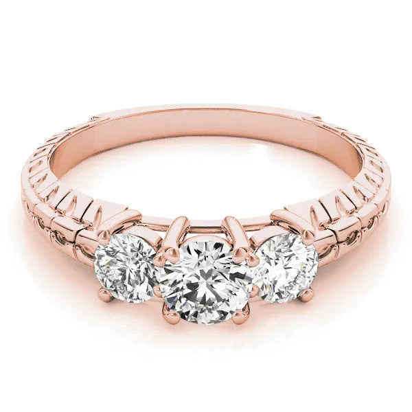 Rose gold Three-Stone Emerald Cut Diamond Ring with Channel-Set Band and Prong Setting