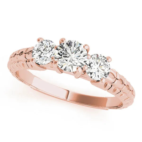 Rose gold Three-Stone Emerald Cut Diamond Ring with Channel-Set Band and Prong Setting