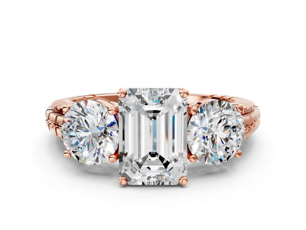 Rose gold Three-Stone Emerald Cut Diamond Ring with Channel-Set Band and Prong Setting
