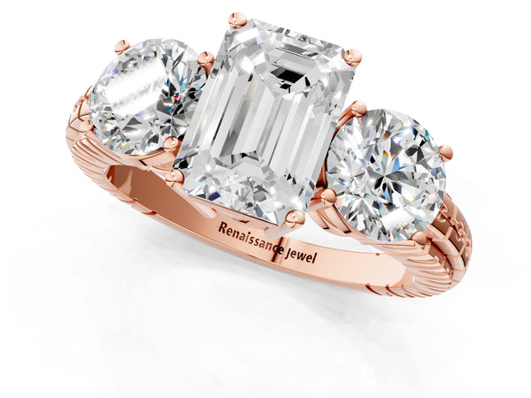 Rose gold Three-Stone Emerald Cut Diamond Ring with Channel-Set Band and Prong Setting