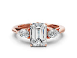 Rose gold Three-Stone Emerald Cut Diamond Ring with Pear  Side Stones in Four-Prong Setting_12