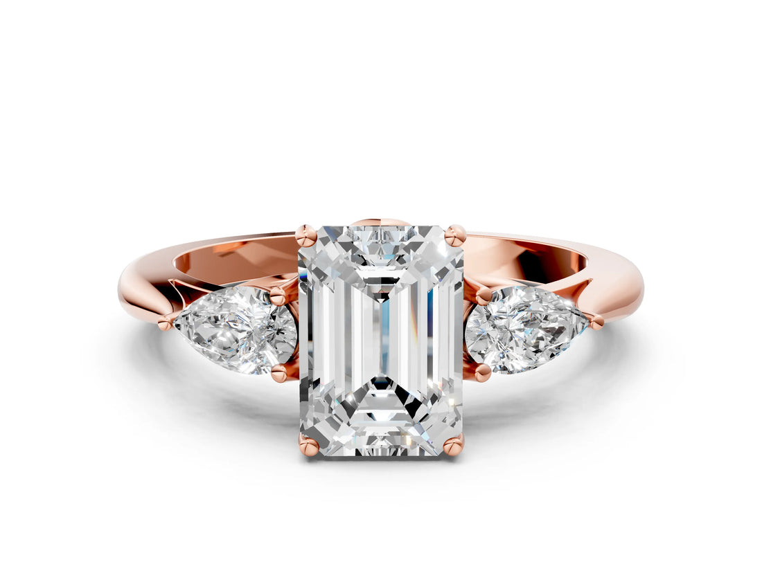 Rose gold Three-Stone Emerald Cut Diamond Ring with Pear  Side Stones in Four-Prong Setting_18