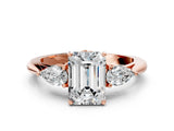 Rose gold Three-Stone Emerald Cut Diamond Ring with Pear  Side Stones in Four-Prong Setting_18