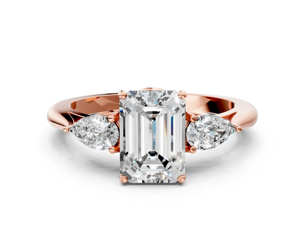 Rose Gold Emerald Cut Three Stone Engagement Ring Setting with Pear Side Stones and Thin Band