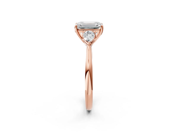 Rose Gold Emerald Cut Three Stone Engagement Ring Setting with Pear Side Stones and Thin Band