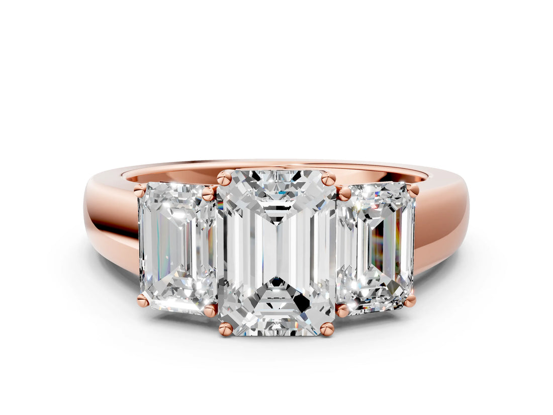 Rose gold Three-Stone Emerald Cut Diamond Ring with Prong Setting and Classic Band_3