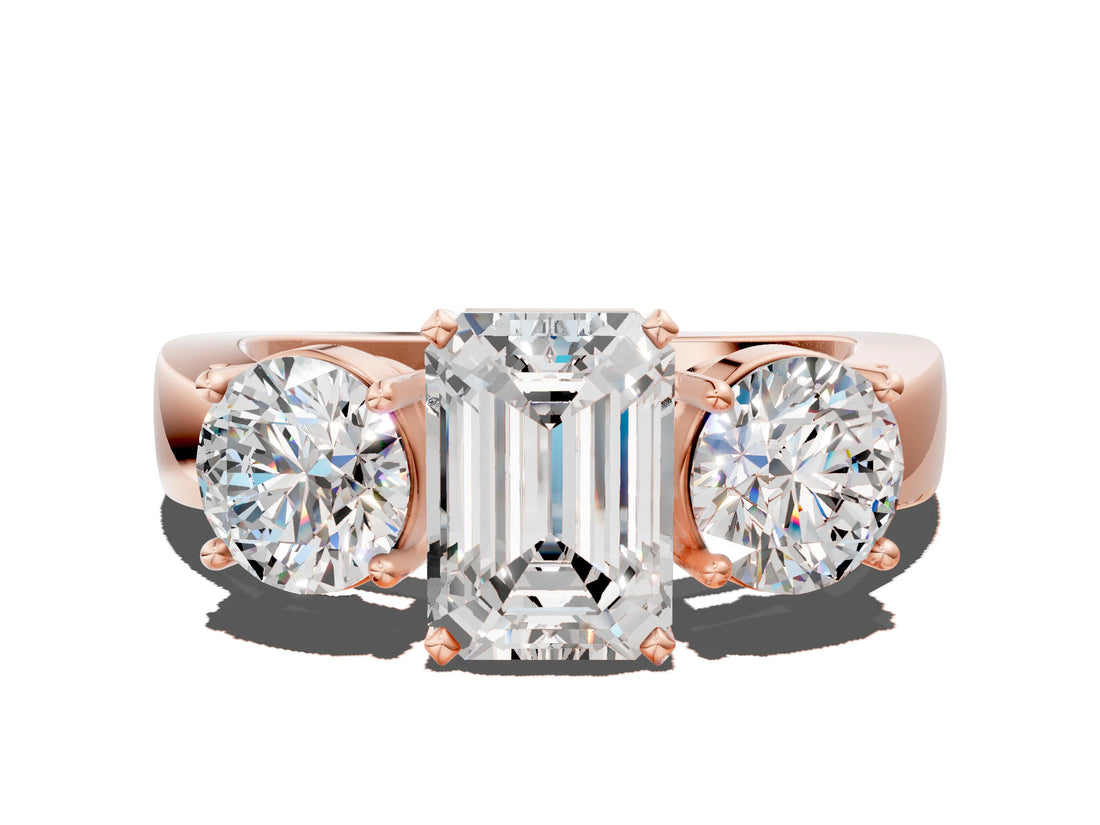 Rose gold Three-Stone Emerald Cut Diamond Ring with Round Side Stones, Classic Band, and Four-Prong Setting_3