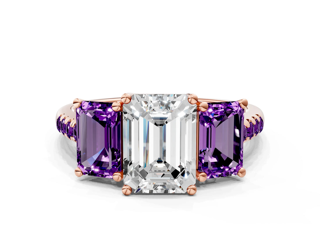 Rose gold Three-Stone Emerald Cut Diamond Ring with Round with Amethyst side stone Pavé Band and Prong Setting