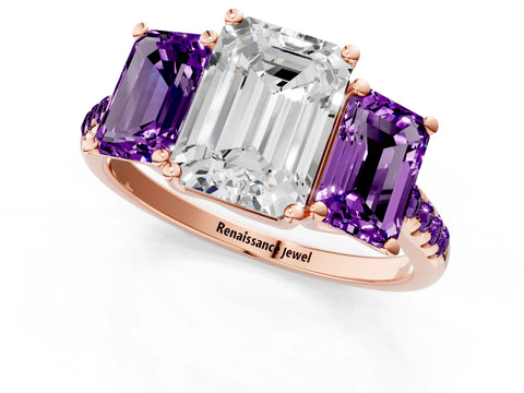 Rose gold Three-Stone Emerald Cut Diamond Ring with Round with Amethyst side stone Pavé Band and Prong Setting_1