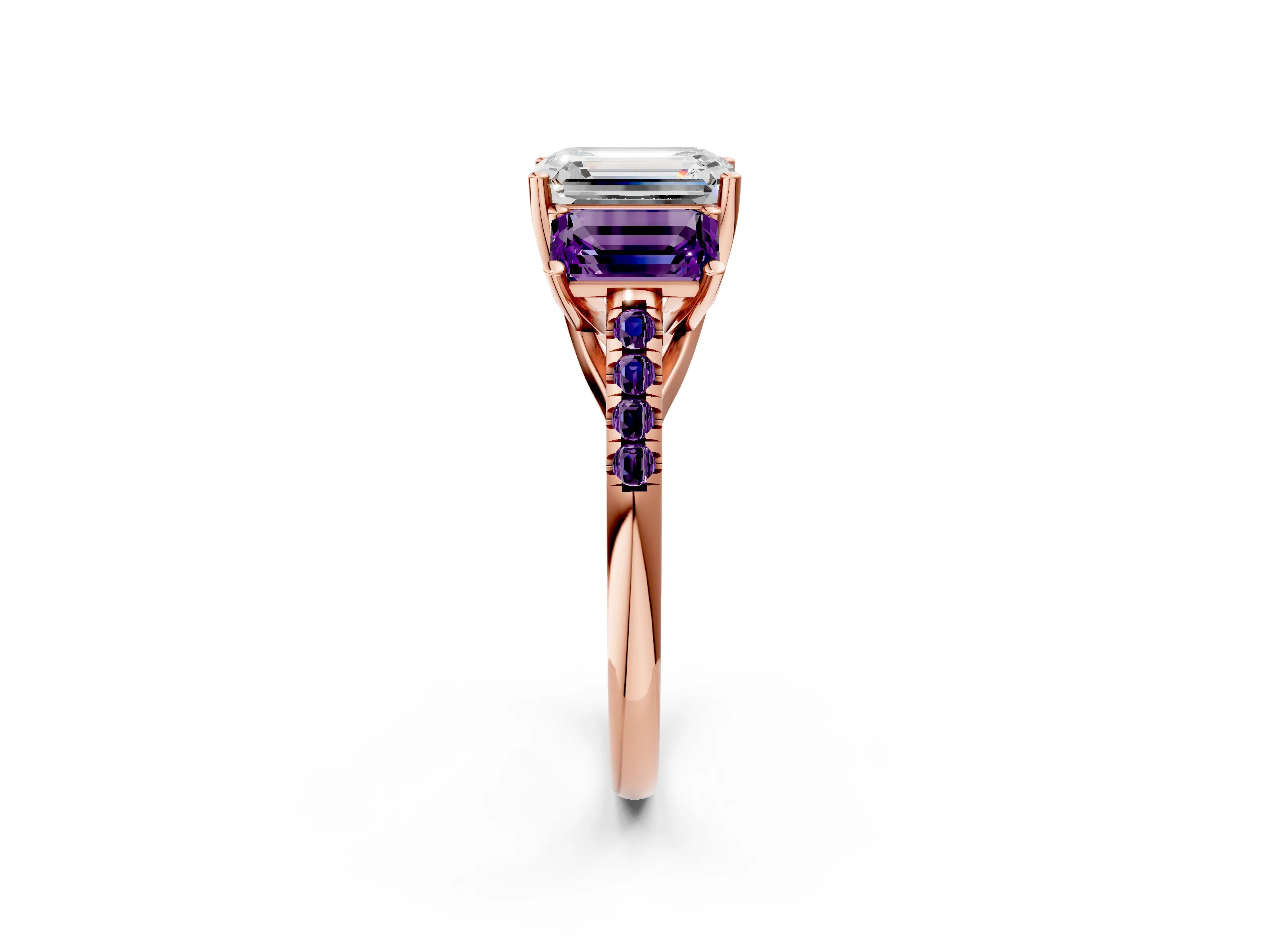 Rose gold Three-Stone Emerald Cut Diamond Ring with Round with Amethyst side stone Pavé Band and Prong Setting_2