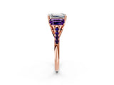 Rose gold Three-Stone Emerald Cut Diamond Ring with Round with Amethyst side stone Pavé Band and Prong Setting_2