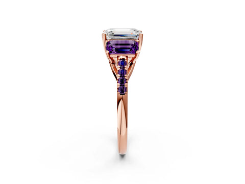 Rose gold Three-Stone Emerald Cut Diamond Ring with Round with Amethyst side stone Pavé Band and Prong Setting_2