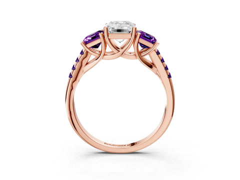 Rose gold Three-Stone Emerald Cut Diamond Ring with Round with Amethyst side stone Pavé Band and Prong Setting_3