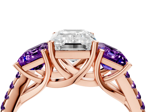 Rose gold Three-Stone Emerald Cut Diamond Ring with Round with Amethyst side stone Pavé Band and Prong Setting_4