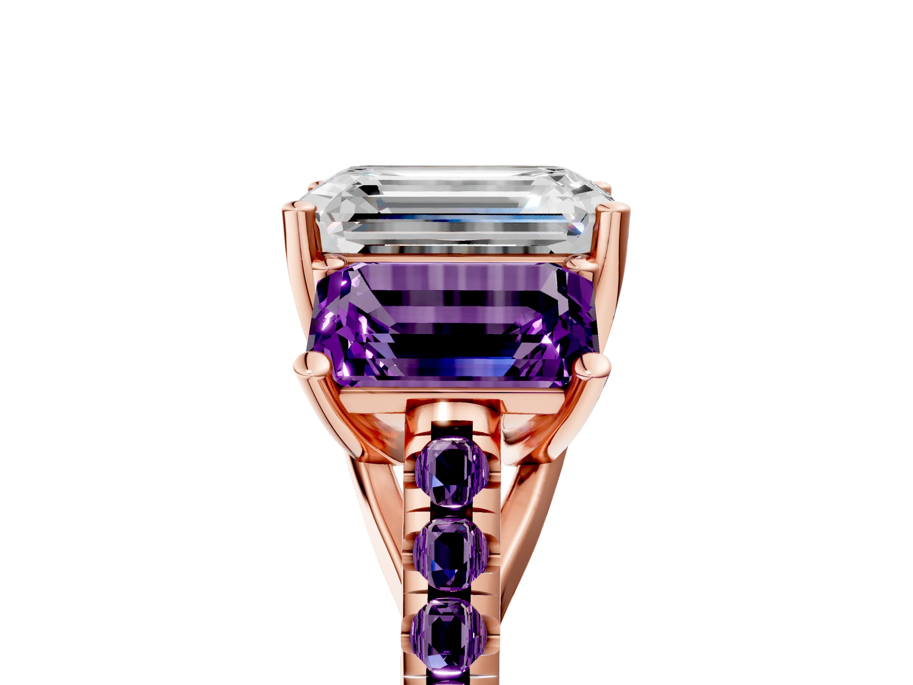Rose gold Three-Stone Emerald Cut Diamond Ring with Round with Amethyst side stone Pavé Band and Prong Setting_5