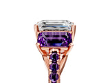 Rose gold Three-Stone Emerald Cut Diamond Ring with Round with Amethyst side stone Pavé Band and Prong Setting_5