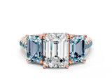 Rose gold Three-Stone Emerald Cut Diamond Ring with Round with Aquamarine side stone Pavé Band and Prong Setting