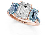 Rose gold Three-Stone Emerald Cut Diamond Ring with Round with Aquamarine side stone Pavé Band and Prong Setting_1