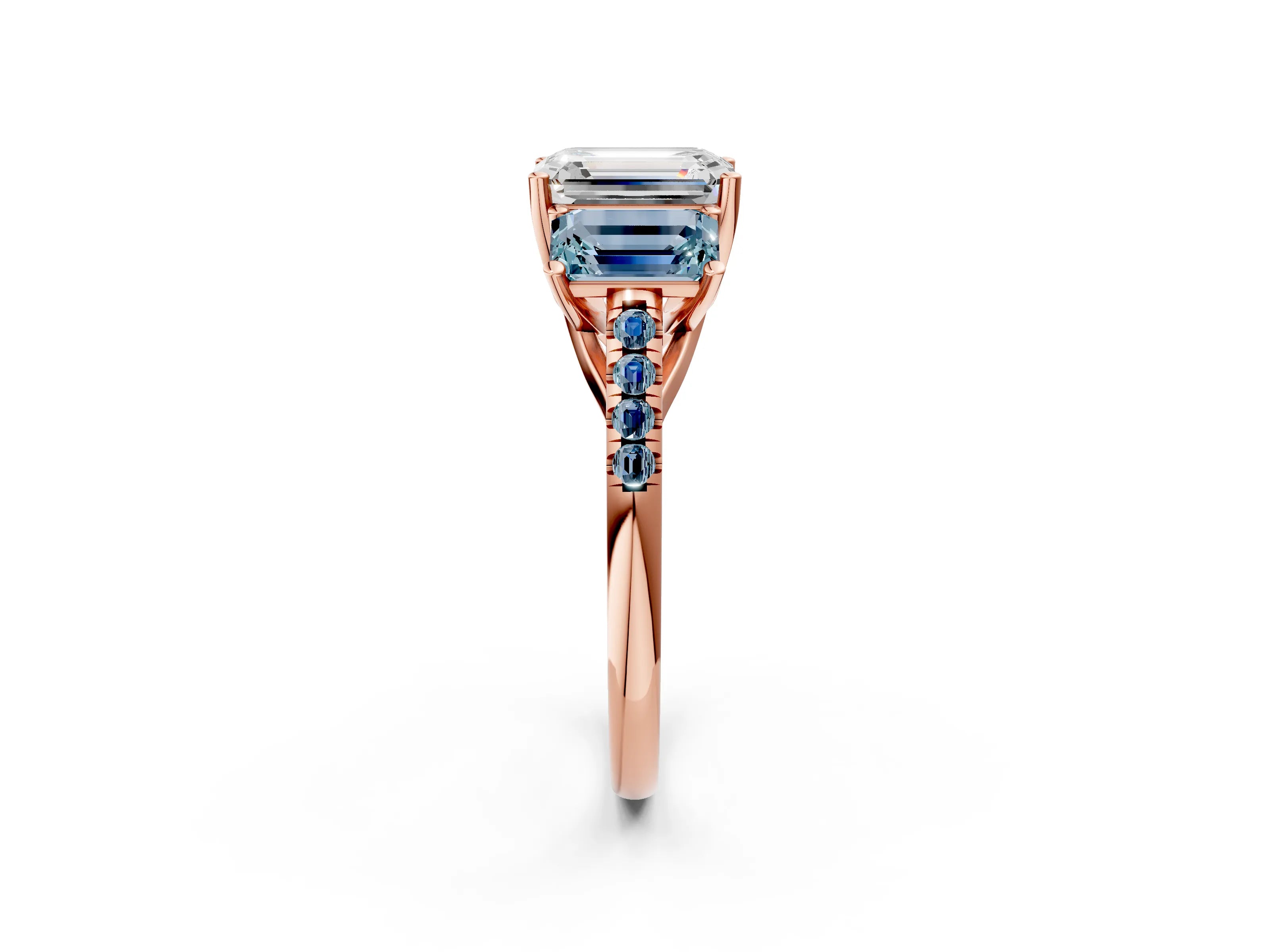 Rose gold Three-Stone Emerald Cut Diamond Ring with Round with Aquamarine side stone Pavé Band and Prong Setting_2