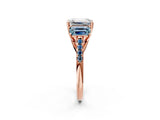 Rose gold Three-Stone Emerald Cut Diamond Ring with Round with Aquamarine side stone Pavé Band and Prong Setting_2