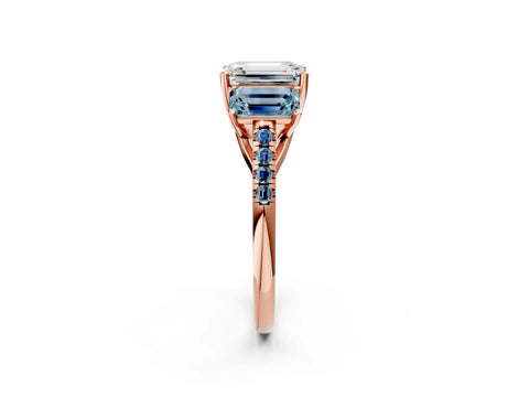 Rose gold Three-Stone Emerald Cut Diamond Ring with Round with Aquamarine side stone Pavé Band and Prong Setting_2