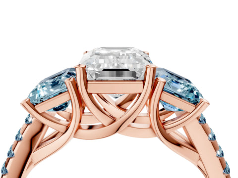 Rose gold Three-Stone Emerald Cut Diamond Ring with Round with Aquamarine side stone Pavé Band and Prong Setting_4