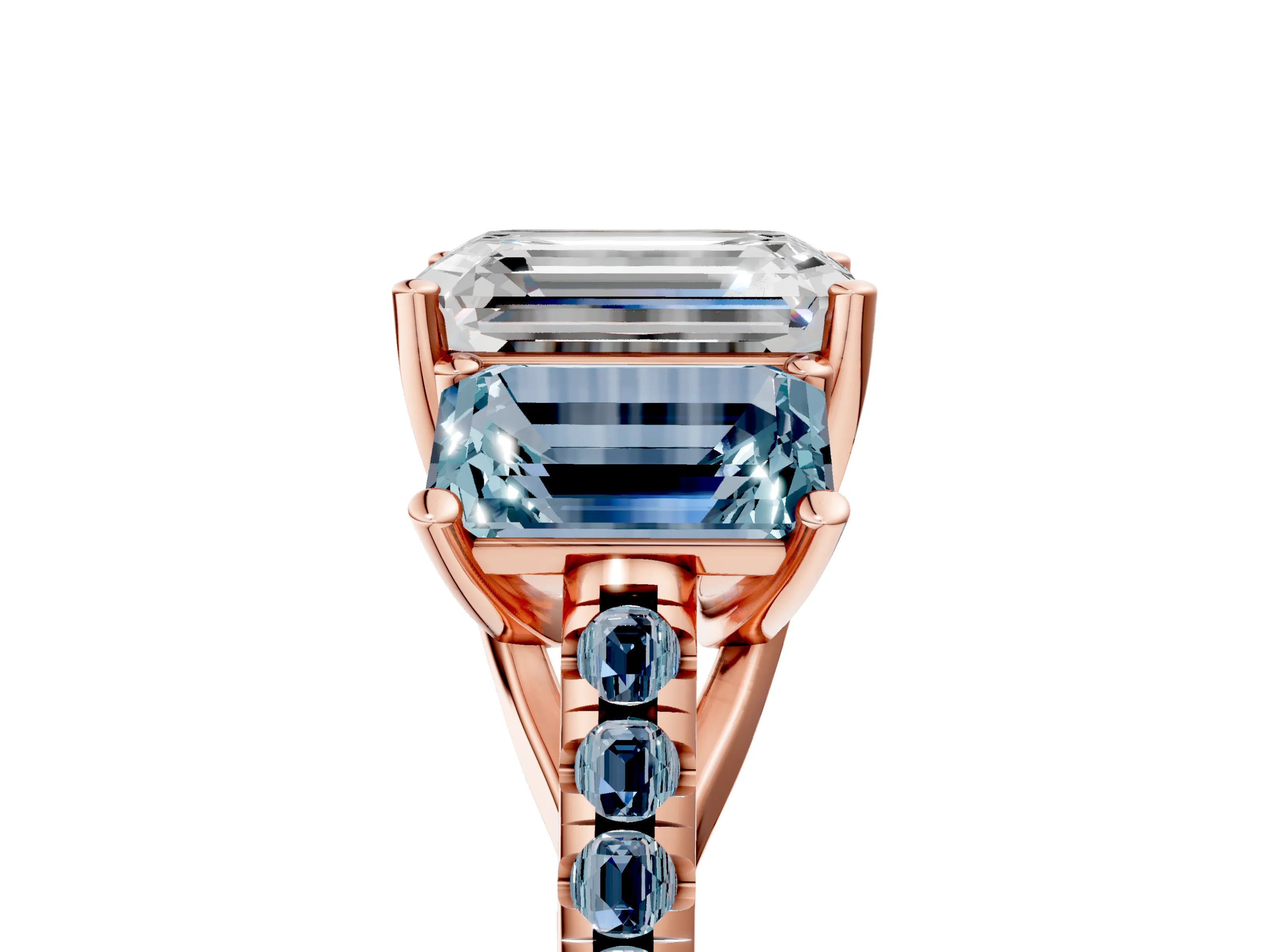 Rose gold Three-Stone Emerald Cut Diamond Ring with Round with Aquamarine side stone Pavé Band and Prong Setting_5
