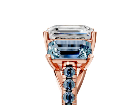 Rose gold Three-Stone Emerald Cut Diamond Ring with Round with Aquamarine side stone Pavé Band and Prong Setting_5