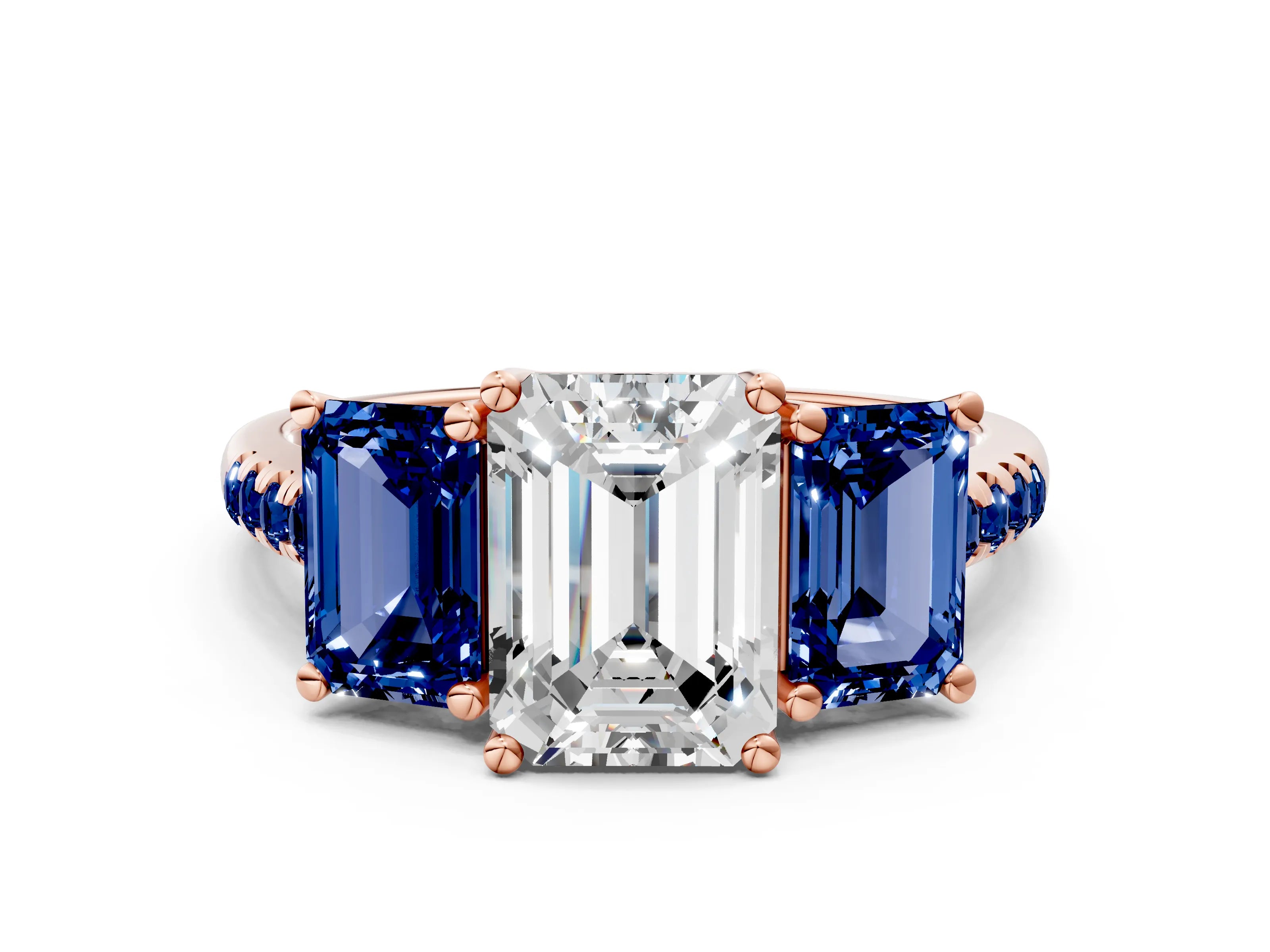 Rose gold Three-Stone Emerald Cut Diamond Ring with Round with Blue Sapphire side stone Pavé Band and Prong Setting