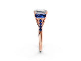 Rose gold Three-Stone Emerald Cut Diamond Ring with Round with Blue Sapphire side stone Pavé Band and Prong Setting_2
