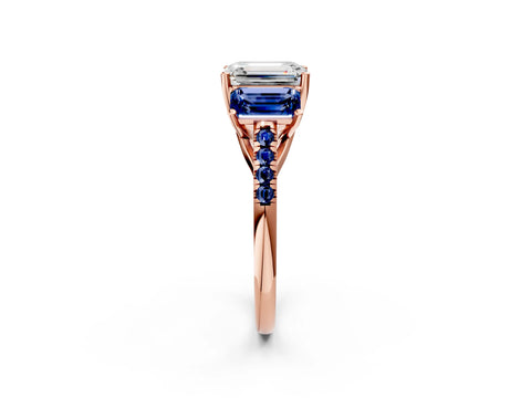 Rose gold Three-Stone Emerald Cut Diamond Ring with Round with Blue Sapphire side stone Pavé Band and Prong Setting_2