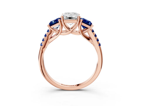 Rose gold Three-Stone Emerald Cut Diamond Ring with Round with Blue Sapphire side stone Pavé Band and Prong Setting_3
