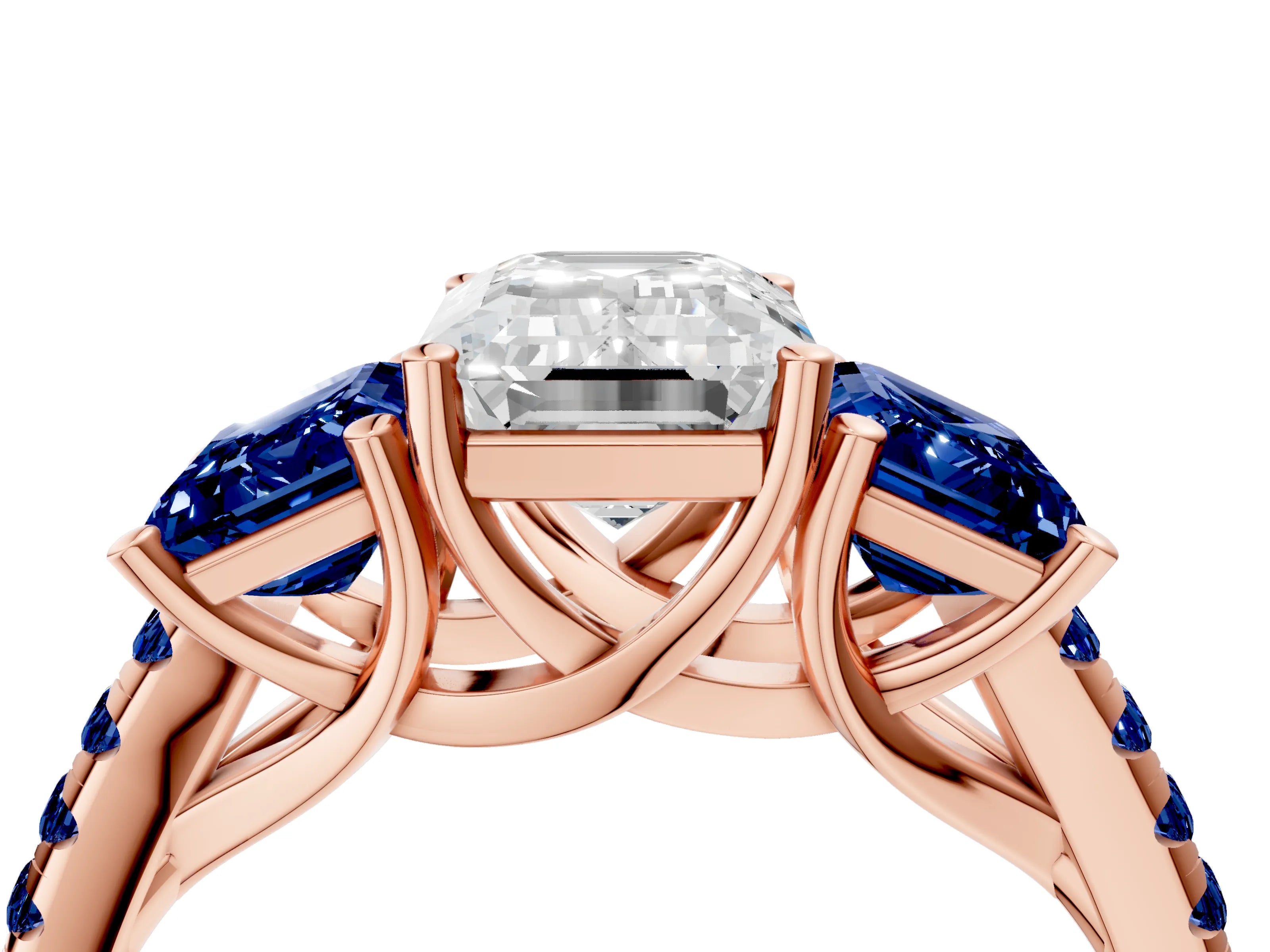Rose gold Three-Stone Emerald Cut Diamond Ring with Round with Blue Sapphire side stone Pavé Band and Prong Setting_4