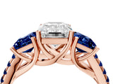 Rose gold Three-Stone Emerald Cut Diamond Ring with Round with Blue Sapphire side stone Pavé Band and Prong Setting_4