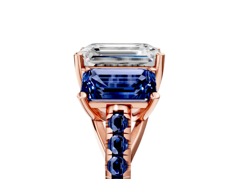 Rose gold Three-Stone Emerald Cut Diamond Ring with Round with Blue Sapphire side stone Pavé Band and Prong Setting_5