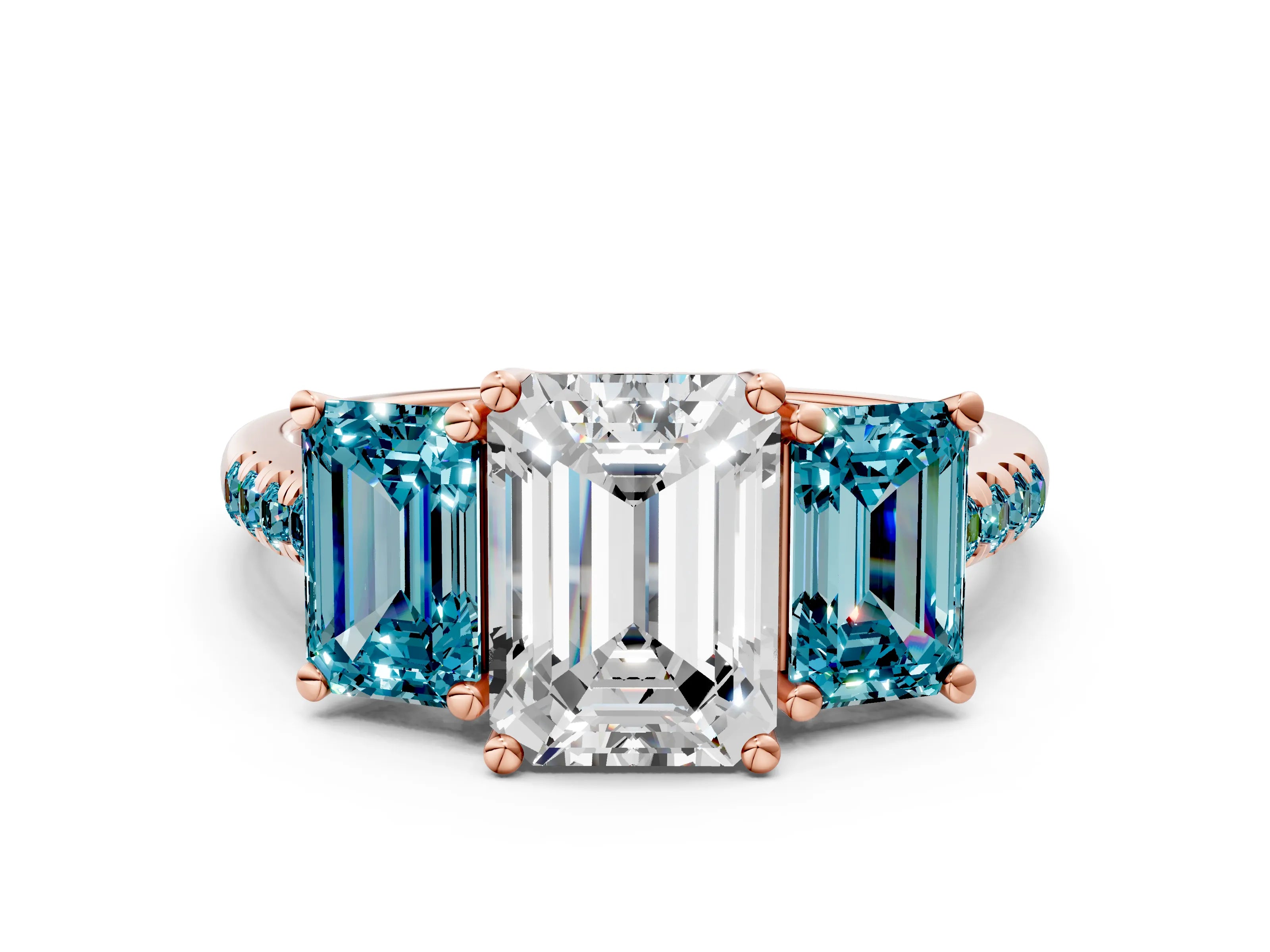 Rose gold Three-Stone Emerald Cut Diamond Ring with Round with Blue Topaz side stone Pavé Band and Prong Setting