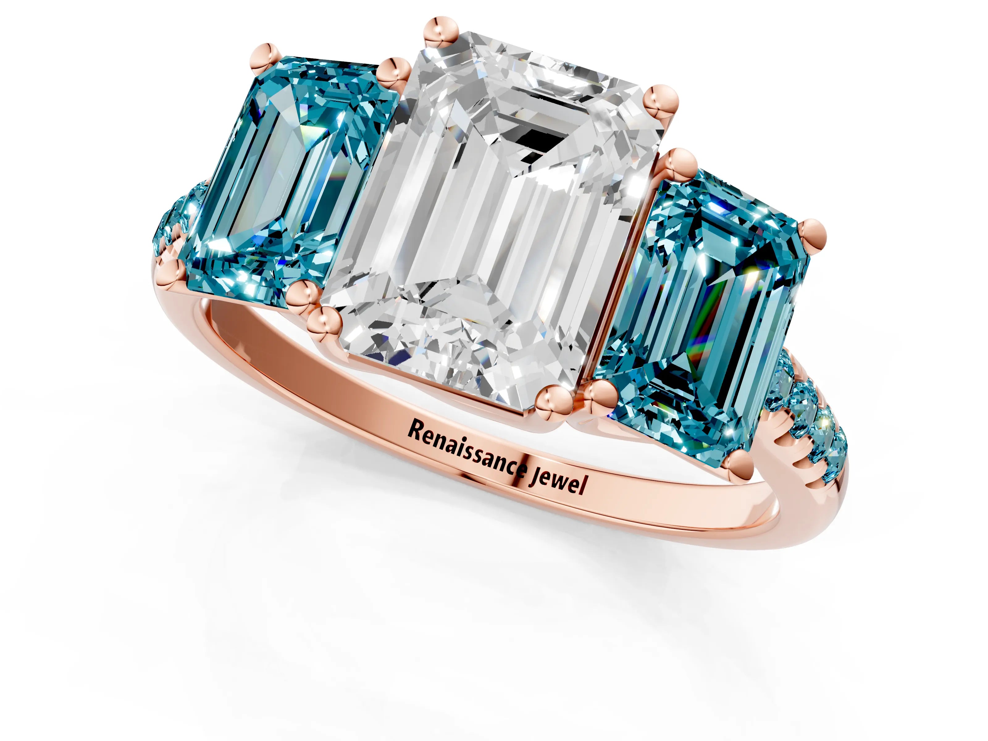 Rose gold Three-Stone Emerald Cut Diamond Ring with Round with Blue Topaz side stone Pavé Band and Prong Setting_1