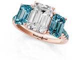 Rose gold Three-Stone Emerald Cut Diamond Ring with Round with Blue Topaz side stone Pavé Band and Prong Setting_1