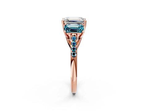 Rose gold Three-Stone Emerald Cut Diamond Ring with Round with Blue Topaz side stone Pavé Band and Prong Setting_2
